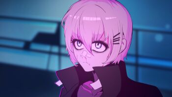 1girl absurdres android artificial_eye auguste_eden bandaid bandaid_on_face bandaid_on_nose black_coat blade_runner_(series) blade_runner_2049 bleeding blood blood_on_face blue_background blue_eyes blurry blurry_background bodysuit bodysuit_under_clothes bokeh camera_eyes coat commentary cuts depth_of_field eyeshadow hair_between_eyes hair_ornament hairclip highres injury makeup marie_(peripeteia) mechanical_eye meme night nosebleed open_clothes open_coat outdoors parody peripeteia pink_light popped_collar portrait railing scene_reference short_hair solo split_mouth trench_coat you_look_lonely_(meme)