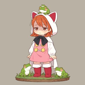 Rule 34 | 1girl, animal, animal hood, animal on head, boots, brown eyes, brown hair, closed mouth, commentary, devout, final fantasy, final fantasy iii, frog, hood, hood up, long sleeves, on head, onyhakase, puffy long sleeves, puffy sleeves, red boots, refia
