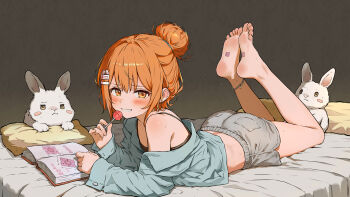 1girl absurdres back_peek barefoot blush book candy casual clenched_teeth dolphin_shorts food hair_bun hair_ornament highres lollipop long_hair looking_at_viewer lying on_stomach open_mouth orange_eyes orange_hair original qiufengxiaose shorts single_bare_shoulder soles stuffed_toy sweatdrop teeth