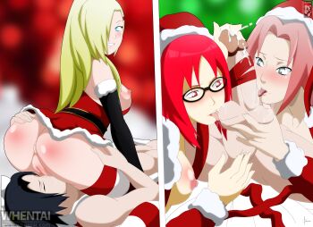 1boy 3girls absurdres bwob christmas cunnilingus fellatio girl_on_top harem haruno_sakura highres karin_(naruto) multiple_girls naruto_(classic) naruto_(series) oral sitting sitting_on_face sitting_on_person split_screen uchiha_sasuke yamanaka_ino