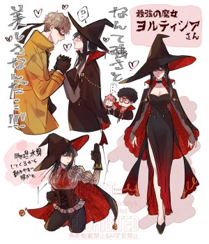 ... 2boys 2girls afro ahoge anya_(spy_x_family) ascot black_choker black_cloak black_dress black_gloves black_hair black_mask black_pantyhose black_shoes blonde_hair blush breasts child choker cleavage cloak coat cowboy_shot cropped_legs domino_mask dress earrings eye_mask franky_franklin full_body glasses gloves hair_between_eyes hairpods halloween_costume hat highres holding_hands jewelry long_hair looking_at_another mask medium_breasts medium_hair multiple_boys multiple_girls multiple_views pantyhose parted_lips pink_hair popped_collar red_ascot red_eyes shirt shoes short_hair side_slit sidelocks spoken_ellipsis spy_x_family striped_clothes striped_shirt twilight_(spy_x_family) umini_ikukara witch witch_hat yellow_coat yor_briar