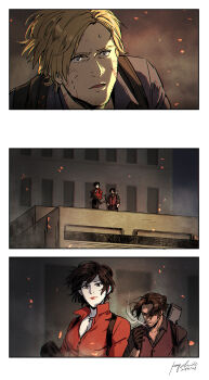1girl 2boys ada_wong beard_stubble black_gloves black_hair blonde_hair border bow_(weapon) breasts brown_hair brown_vest choker cigarette cleavage collared_shirt cross cross_choker crossbow dated embers facial_hair gloves grey_shirt gun gun_on_back highres holding holding_crossbow holding_weapon kay924026 leon_s._kennedy light_smile luis_sera medium_breasts multiple_boys on_rooftop parted_bangs parted_lips red_lips red_shirt resident_evil resident_evil_6 shirt short_hair signature smoking stubble sweat updo upper_body vest weapon weapon_on_back white_border