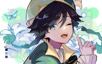 Rule 34 | 1boy, black hair, blush, braid, c cutai, collared jacket, collared shirt, color guide, commentary request, dot nose, floating hair, flower, frilled sleeves, frills, genshin impact, gradient hair, green eyes, green hair, green hat, green jacket, hair between eyes, hat, index finger raised, jacket, long hair, long sleeves, male focus, multicolored hair, one eye closed, open mouth, shirt, smile, solo, teeth, tongue, twin braids, twitter username, upper teeth only, venti (genshin impact), watermark, white flower, white shirt