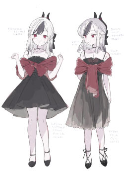 1girl absurdres alternate_costume arm_at_side bare_shoulders black_choker black_dress black_hair black_shoes blue_archive blush bright_pupils choker closed_mouth collarbone commentary_request demon_girl demon_horns dress formal_clothes frown full_body half_updo hands_up highres horns jewelry kayoko_(blue_archive) kayoko_(dress)_(blue_archive) kisaka long_hair looking_at_viewer medium_dress mole mole_on_neck multicolored_hair multiple_views necklace official_alternate_hairstyle red_eyes red_shawl shawl shoes simple_background sketch sleeveless sleeveless_dress slit_pupils spaghetti_strap standing sweatdrop translation_request two-tone_hair white_background white_hair white_pupils