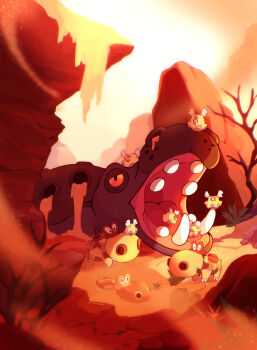 Rule 34 | absurdres, animal focus, bare tree, closed mouth, cloud, commentary, desert, evolutionary line, fern, flittle, gen 4 pokemon, highres, hippopotas, hippopotas (female), hippopotas (male), hippowdon, hippowdon (female), nintendo, no humans, nostrils, open mouth, outdoors, pokemon, pokemon (creature), pokemon focus, rock, sand, sky, symbol-only commentary, taplaos, teeth, tree