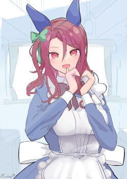 1girl absurdres animal_ears apron blue_dress blush bow breasts brown_hair commentary dress ear_bow ear_covers ear_ribbon frills green_bow hair_between_eyes hashtag-only_commentary heart heart_hands highres hinokey_(hinokey0126) horse_ears horse_girl king_halo_(umamusume) long_hair long_sleeves looking_at_viewer maid maid_apron medium_breasts open_mouth red_eyes smile solo umamusume white_apron