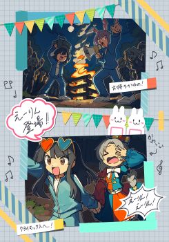 >_< 6+girls absurdres adapted_costume alternate_costume alternate_headwear animal_ears black_hair blue-tinted_eyewear blue_dress blue_hat blue_jacket blue_pants bow bowtie braid brown_eyes character_request commentary_request contemporary doggo_1d34 dress eyewear_on_head fire floppy_ears full_moon hat heart heart-shaped_eyewear help_me_erinnnnnn!! highres holding holding_hands holding_megaphone houraisan_kaguya inaba_tewi jacket kishin_sagume long_hair long_sleeves megaphone mononobe_no_futo moon multiple_girls musical_note night open_mouth pants people purple_hair rabbit rabbit_ears rabbit_girl red-tinted_eyewear red_dress red_eyes reisen_(touhou_bougetsushou) reisen_udongein_inaba school_trip shoes single_braid smile smoke soga_no_tojiko speech_bubble tinted_eyewear touhou track_jacket track_pants translation_request two-tone_dress white_bow white_bowtie white_shoes yagokoro_eirin