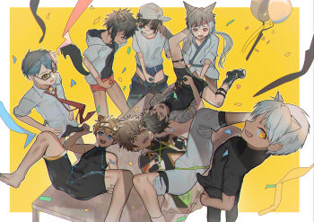 6+boys absurdres animal_ears bulge glasses highres multiple_boys quest_(90655652) simple_background yaoi