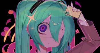 Rule 34 | 1girl, aqua hair, black jacket, blue eyes, collared shirt, commentary request, eyepatch, hair between eyes, hatsune miku, heart, highres, holding, jacket, long hair, long sleeves, looking at viewer, medical eyepatch, monitoring (vocaloid), necktie, shirt, smile, solo, twintails, usa37107692, vocaloid, white shirt