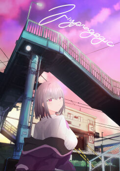 1girl a_(c3einycggcevevf) absurdres breasts closed_mouth collared_shirt commentary_request gridman_universe highres jacket large_breasts looking_at_viewer looking_back purple_hair purple_jacket red_eyes shinjou_akane shirt short_hair smile solo ssss.gridman white_shirt