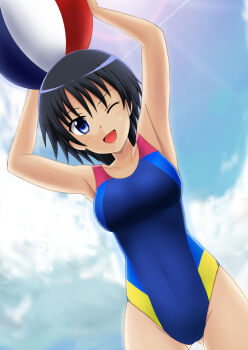 Rule 34 | 10s, 1girl, ;d, ball, beachball, black hair, blue eyes, blush, cloud, competition swimsuit, day, dog days, female focus, fuuma nagi, md5 mismatch, one-piece swimsuit, one eye closed, open mouth, short hair, smile, solo, swimsuit, takatsuki nanami, wink