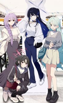 3girls absurdres alternate_costume amtkmituki aqua_hair arius_squad_(blue_archive) atsuko_(blue_archive) black_hair black_jacket black_pants blue_archive brown_skirt cardboard_cutout casual commentary_request cropped_jacket eyes_visible_through_hair fingernails grey_hair grey_shirt hair_over_one_eye half_updo halo highres hiyori_(blue_archive) jacket long_braid long_hair long_skirt looking_at_viewer misaki_(blue_archive) multiple_girls nail_polish pants photo_background purple_hair saori_(blue_archive) shirt skirt smile squatting standing standing_on_one_leg straight_hair sweatdrop v very_long_hair