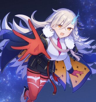 1girl black_ribbon braid breasts commentary_request crossed_bangs earrings fate/grand_order fate_(series) fur_trim gloves grey_hair hair_between_eyes hair_ribbon jacket jacket_on_shoulders jewelry large_breasts long_hair long_sleeves looking_at_viewer necktie ohitashi_netsurou olga_marie_animusphere olga_marie_animusphere_(unbeast) orange_eyes orange_gloves orange_pantyhose pantyhose reaching reaching_towards_viewer red_necktie ribbon smile