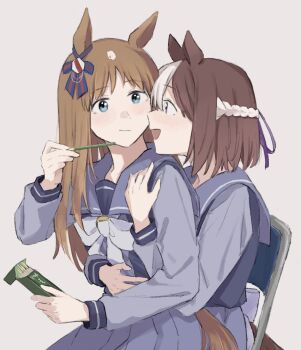 2girls animal_ears blue_eyes blush bow bowtie braid brown_hair closed_mouth ear_bow ear_ornament ear_ribbon food grass_wonder_(umamusume) half_up_braid highres holding holding_food holding_pocky horse_ears horse_girl horse_tail hug hug_from_behind long_hair long_sleeves motodanagazane multicolored_hair multiple_girls open_mouth pocky pocky_day purple_eyes purple_sailor_collar purple_serafuku purple_shirt purple_skirt sailor_collar sailor_shirt school_uniform serafuku shirt short_hair simple_background sitting skirt smile special_week_(umamusume) tail tracen_school_uniform two-tone_hair umamusume white_bow white_bowtie white_hair yuri