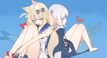 2girls :d absurdres ahoge animal_costume animal_ear_fluff animal_ears ankle_bow ankle_ribbon back-to-back barefoot blonde_hair blue_background blue_bow blue_eyes blue_hoodie blue_sailor_collar blue_streaks blunt_bangs bow cat_ears crab dress feet fins fish_girl fish_tail frilled_sailor_collar frills gawr_gura gawr_gura_(1st_costume) grey_hair hair_ornament hand_on_own_leg highres hololive hololive_english hood hoodie indie_virtual_youtuber kaniki_(sameko_saba) knees_together_feet_apart knees_up leg_ribbon lifebuoy_anklet lifebuoy_hair_ornament long_hair low_twintails multicolored_hair multiple_girls one_side_up open_mouth ribbon sailor_collar sailor_dress sameko_saba seuhu shark_costume shark_girl shark_hair_ornament shark_print shark_tail shrimp sidelocks sitting smile streaked_hair tail twintails very_long_hair virtual_youtuber white_dress