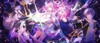 1boy 3girls absurdres as_i&#039;ve_written_(honkai:_star_rail) bare_shoulders black_gloves black_jacket blue_eyes book breasts caelus_(honkai:_star_rail) coat cyrene_(aedes_elysiae)_(honkai:_star_rail) cyrene_(honkai:_star_rail) cyrene_(ripples_of_past_reverie)_(honkai:_star_rail) dress dual_persona gloves grey_hair hair_ornament hand_up highres holding holding_quill honkai:_star_rail honkai_(series) jacket long_hair looking_at_viewer medium_breasts meirong mem_(honkai:_star_rail) multiple_girls multiple_persona open_book pink_hair purple_coat purple_eyes quill shirt stelle_(honkai:_star_rail) trailblazer_(honkai:_star_rail) very_long_hair white_dress white_shirt yellow_eyes