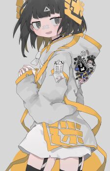 1girl bandaid bandaid_on_face bandaid_on_nose black_choker black_hair black_thighhighs blunt_bangs blush checklist choker colored_inner_hair commentary_request cowboy_shot dress from_side garter_straps gauze gauze_on_cheek grey_background grey_eyes grey_hoodie grey_jacket hair_ornament hairclip highres hood hood_down hooded_jacket hoodie jacket long_shirt long_sleeves looking_at_viewer multicolored_hair nukunuku_nigirimeshi open_mouth original patch short_hair simple_background sleeves_past_wrists smile solo standing sticker thighhighs white_dress