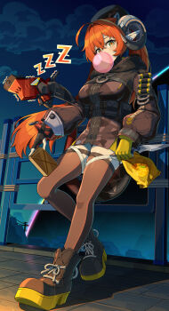 1girl 1other absurdres ammunition asymmetrical_gloves black_horns black_jacket canister chewing_gum chips_(food) dragon_girl dragon_horns dress fingerless_gloves food gloves green_eyes highres holding holding_weapon hollow_(zenless_zone_zero) horns jacket jfzm001 knife looking_at_viewer mechanical_horns mechanical_tail mismatched_gloves night night_sky orange_hair orange_pupils orphie_magnusson panties single_fingerless_glove sky sleeping tail thighhighs twintails underwear weapon yellow_gloves yellow_panties zenless_zone_zero zipper_dress zipping