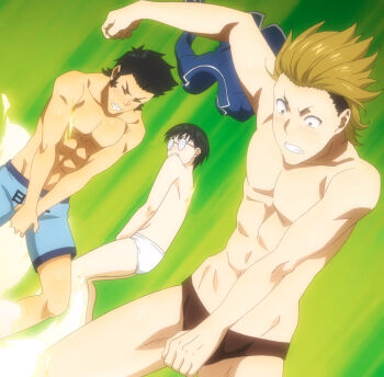 3boys abs anime_screenshot aoki_daigo black_hair black_male_underwear blonde_hair blue_male_swimwear blush boxers briefs clenched_teeth closed_eyes covering_crotch covering_privates dutch_angle embarrassed glasses green_background highres male_focus male_swimwear male_underwear marui_zenji multiple_boys nose_blush round_eyewear satou_shouji_(shokugeki_no_souma) shokugeki_no_souma standing stitched teeth third-party_edit underwear white_male_underwear