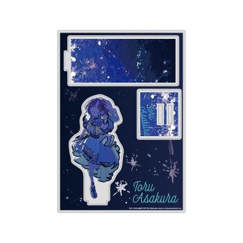 1girl asakura_toru blue_eyes breasts dark_background dress fringe_trim hair_ornament idolmaster idolmaster_shiny_colors multicolored_dress multicolored_hair official_art open_mouth short_hair smile standing standing_on_one_leg