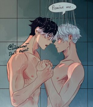 2boys black_hair closed_mouth commentary english_commentary english_text grey_hair holding_hands ichikawa_reno iizuumi kaijuu_no._8 male_focus multicolored_hair multiple_boys narumi_gen nipples nude short_hair showering speech_bubble twitter_username two-tone_hair upper_body wet wet_clothes white_hair yaoi