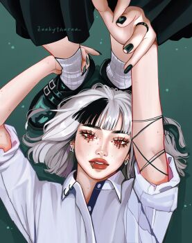 2girls ankle_socks arm_up artist_name asian black_nails black_streaks choppy_bangs collared_shirt ear_piercing eyelashes face_piercing feet fingernails heart heart-shaped_pupils highres holding_another&#039;s_ankle jewelry kira_(zeebythesea) lip_piercing loafers long_fingernails looking_at_viewer lying medium_hair mole mole_on_arm mole_on_cheek mole_under_each_eye mole_under_eye multiple_girls multiple_moles on_back on_floor original parted_lips piercing pleated_skirt pov pov_legs red_eyes red_lips ring ring_piercing shirt shoes single_hair_streak skirt sleeves_rolled_up socks symbol-shaped_pupils thick_eyebrows thick_lips umi_(zeebythesea) upper_body white_hair white_shirt white_socks zeebythesea