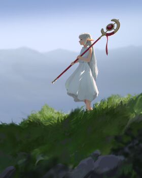 Rule 34 | 1girl, absurdres, crisslioo, day, dress, elf, frieren, highres, holding, holding staff, long hair, mountain, outdoors, pointy ears, profile, rock, solo, sousou no frieren, staff, white dress, white hair