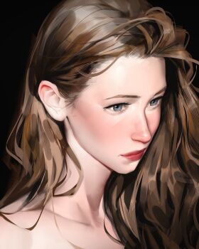 1girl aegyo_sal blue_eyes brown_hair curtained_hair expressionless hair_behind_ear highres looking_to_the_side no_shirt original portrait sam_yang solo sparkling_eyes