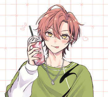 1boy :p absurdres cup disposable_cup drinking_straw ear_piercing ensemble_stars! fingernails grid_background hair_between_eyes hand_up hashtag-only_commentary heart highres holding holding_cup jewelry kuon_mashu long_sleeves looking_at_viewer male_focus necklace notice_lines piercing pink_hair samui_(xgk0oa) short_hair solo tongue tongue_out upper_body yellow_eyes