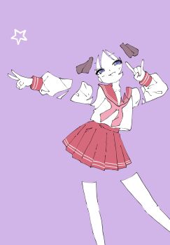 1girl blending collarbone commentary english_commentary hands_up highres hiiragi_kagami limited_palette long_hair long_sleeves looking_at_viewer lucky_star neckerchief outstretched_arm purple_background purple_eyes red_skirt ryouou_school_uniform sailor_collar school_uniform serafuku shirt skirt solo thighhighs v white_shirt white_thighhighs yanikasu7o5