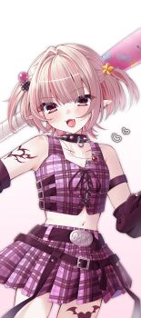 1girl :3 absurdres arm_strap bare_shoulders baseball_bat belt belt_buckle black_arm_warmers black_belt black_collar black_straps blunt_bangs blush buckle chain chain_necklace collar collarbone colored_inner_hair cowboy_shot crop_top cross-laced_clothes cross-laced_top ear_cuffs fang grey_hair hair_bobbles hair_intakes hair_ornament heart heart_tattoo highres jewelry leg_tattoo looking_at_viewer loose_belt makaino_ririmu makaino_ririmu_(6th_costume) midriff miniskirt multicolored_hair multiple_belts navel necklace nijisanji no_headwear no_jacket o-ring_collar open_mouth pendant pink_hair pink_skirt pink_streaks plaid_clothes plaid_skirt pleated_skirt pointy_ears red_eyes regu_(cc41_ti) short_hair shoulder_tattoo simple_background skirt sleeveless smile solo spiked_collar spikes standing star_(symbol) star_hair_ornament streaked_hair tattoo two-tone_hair two_side_up virtual_youtuber white_background winged_heart winged_heart_tattoo wolf_cut zipper_top