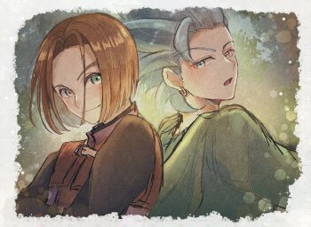 Rule 34 | 2boys, aqua eyes, back-to-back, black shirt, border, brown hair, camus (dq11), closed mouth, commentary request, dragon quest, dragon quest xi, earrings, green eyes, green jacket, grey hair, hero (dq11), highres, hoop earrings, jacket, jewelry, male focus, multiple boys, omi tontan, parted bangs, parted lips, purple tunic, shirt, short hair, smile, tunic, white border