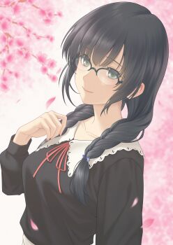 1girl absurdres black_hair black_shirt braid breasts cherry_blossoms chinese_commentary collarbone commentary_request flowers_(innocent_grey) glasses green_eyes hair_over_shoulder hanabishi_rikka hand_up highres indoors long_hair long_sleeves looking_at_viewer petals red_ribbon ribbon shirt skirt smile solo ssk_3 twin_braids upper_body window
