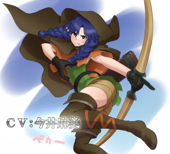 1girl blue_hair blush boots bow_(weapon) braid breasts brown_eyes cosplay crossover dragon&#039;s_crown elf elf_(dragon&#039;s_crown) elf_(dragon&#039;s_crown)_(cosplay) female_focus gloves hat idolmaster idolmaster_(classic) imai_asami kisaragi_chihaya long_hair pointy_ears solo thigh_boots thighhighs twin_braids voice_actor_connection wata_do_chinkuru weapon