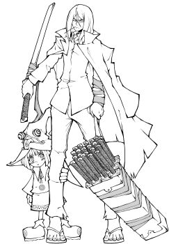 1boy 1girl absurdres angela_leon bag caution_tape child collared_jacket collared_shirt greyscale hat highres hitodama holding holding_sword holding_weapon jacket jacket_on_shoulders kekel living_clothes long_hair mifune_(soul_eater) monochrome mouth_hold multiple_swords open_clothes open_jacket pants protecting sandals shirt soul_eater stalk_in_mouth sword weapon weapon_bag witch witch_hat