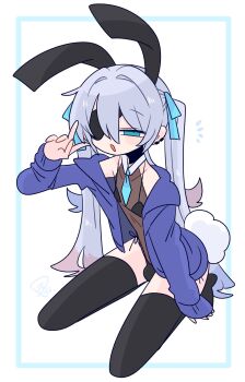 1boy animal_ear_hairband animal_ears armpit_crease bare_shoulders black_bra black_hairband black_leotard black_panties black_thighhighs blue_bow blue_cardigan blue_eyes blue_hair blue_necktie bow bra bulge cardigan collarbone colored_tips commentary crossdressing crossdressing_(mtf) double-parted_bangs dutch_angle earclip eyepatch fake_animal_ears fake_tail flipped_hair from_above full_body hair_between_eyes hair_bow hair_intakes hairband hand_up highres legs_apart leotard light_blush long_hair long_sleeves male_focus multicolored_hair narrowed_eyes necktie no_nose no_shoes off_shoulder one_eye_covered op_na_yarou open_cardigan open_clothes open_mouth original panties quad_tails rabbit_ear_hairband rabbit_ears rabbit_tail raised_eyebrows red_hair rigel_(op_na_yarou) see-through_clothes see-through_leotard seiza side-tie_panties sidelocks simple_background sitting sleeves_past_wrists solo straight_hair tail thighhighs thighs trap underwear v very_long_hair watermark white_background white_hair