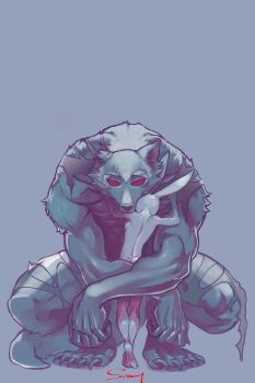 1boy 1girl beastars body_fur colored_sclera completely_nude fingernails full_body furry furry_female furry_male grey_background grey_fur haru_(beastars) hetero highres hug legoshi looking_at_viewer nude rabbit_girl red_sclera sammy_(freezingsammy) sharp_fingernails sharp_toenails simple_background size_difference squatting tail toenails torn_clothes wolf_boy