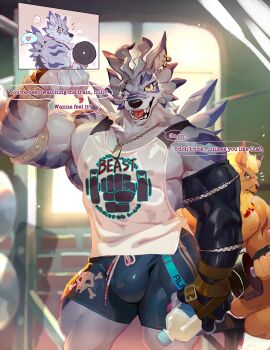 2boys bara biceps blue_eyes bottle bulge chest_tuft claws cowboy_shot digimon dog_tags dumbbell earrings english_text exercising fangs flexing gym gym_shorts heart holding holding_bottle holding_dumbbell jewelry large_bulge large_pectorals leomon looking_to_the_side male_focus multiple_boys muscular muscular_male null-ghost one_eye_closed original pectorals scar scar_across_eye scar_on_face shorts skull_print solo_focus spoken_heart tank_top weightlifting weights weregarurumon yellow_eyes