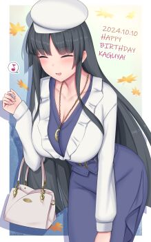1girl absurdres autumn_leaves bag belt black_hair blue_skirt blunt_bangs blush border breasts cleavage closed_eyes commentary_request dated elbow_carry falling_leaves handbag happy_birthday hat highres hime_cut holding holding_bag jewelry kaguya_jingu large_breasts leaf long_hair musical_note necklace open_mouth outside_border parted_bangs pencil_skirt pink_bag skirt sleeves_past_wrists solo soukitsu spoken_musical_note under_night_in-birth under_night_in-birth_2_sys:celes white_border white_hat