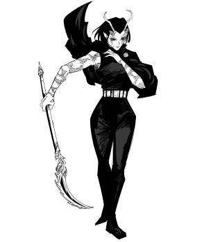 1girl absurdres alien antennae black_hair breasts cosplay guardians_of_the_galaxy highres jujutsu_kaisen long_hair looking_at_viewer mantis_(marvel) marvel marvel_rivals monochrome multiple_scars neitheyagi pointy_ears scar short_hair solo zen'in_maki