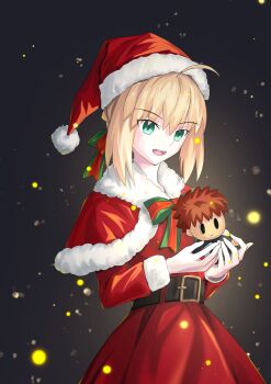 1girl ahoge andychen662000 artoria_pendragon_(fate) blonde_hair character_doll christmas doll dress emiya_shirou fate/stay_night fate_(series) green_eyes hat highres holding holding_stuffed_toy saber_(fate) santa_costume santa_hat smile stuffed_animal stuffed_toy toy