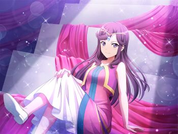1girl brown_hair closed_mouth collarbone crossed_legs game_cg headpiece long_hair looking_at_viewer official_art parted_bangs purple_eyes purple_vest shoes shoujo_kageki_revue_starlight shoujo_kageki_revue_starlight_-re_live- sidelocks sitting skirt smile solo spotlight tendou_maya vest white_shoes white_skirt