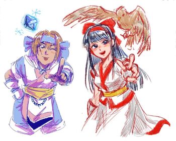 Rule 34 | 2girls, ainu clothes, arm behind back, blue eyes, blush, breasts, brown eyes, brown hair, fingerless gloves, gloves, hair ribbon, hand on own hip, index finger raised, leaning forward, legs, long hair, looking at viewer, mamahaha, medium breasts, multiple girls, nakoruru, one eye closed, open mouth, outstretched arm, pants, ribbon, rimururu, samurai spirits, short hair, shorts, siblings, sisters, small breasts, smile, snk, thighs, tongue, tongue out, v, wink