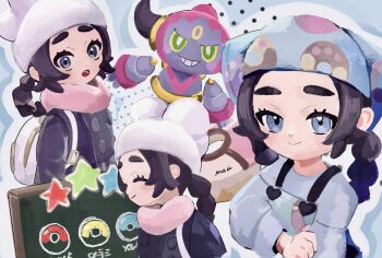 1girl :o ansha_(pokemon) apron backpack bag black_hair blue_eyes closed_mouth coat commentary_request donut eyelashes food gen_6_pokemon grey_shirt hat highres hoopa hoopa_(confined) legendary_pokemon long_hair lower_teeth_only moyu_u0 multiple_views mythical_pokemon nintendo open_mouth pink_scarf pokemon pokemon_(creature) pokemon_legends:_z-a scarf shirt signature smile teeth white_bag white_hat