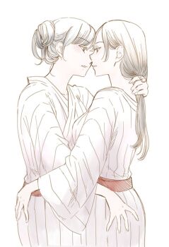 2girls akiyama_haru bath_yukata bunching_hair eye_contact from_side hair_bun hand_on_another&#039;s_hip highres holding_another&#039;s_hair japanese_clothes kimono looking_at_another multiple_girls original parted_lips ponytail profile simple_background white_background yukata yuri