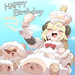 Rule 34 | 1girl, :3, :d, absurdres, ahoge, animal ears, artist name, blonde hair, blush, bow, cake, cake on head, closed eyes, cocomayo29 (tomato), commentary, detached sleeves, food, food on face, fur-trimmed collar, fur-trimmed sleeves, fur trim, hair ornament, hairclip, happy birthday, highres, hololive, horns, korean text, open mouth, red bow, sheep ears, sheep girl, sheep horns, smile, solo, sunglasses, thumbs up, translation request, tsunomaki watame, tsunomaki watame (1st costume), twitter username, virtual youtuber, watamate