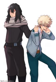 2boys aizawa_shota bakugou_katsuki belt black_hair blonde_hair blue_pants boku_no_hero_academia commentary english_commentary facial_hair feet_out_of_frame goatee grey_jacket grey_scarf hair_between_eyes highres jacket kookirani male_focus multiple_boys mustache_stubble pants red_belt scarf shirt short_hair signature simple_background stubble white_background white_shirt