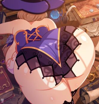 1girl all_fours andro_juniarto ass ass_focus back backboob bare_shoulders book bottle breasts brown_hair curvy flower genshin_impact hair_over_shoulder hat huge_ass huge_breasts inkwell lace lace-trimmed_legwear lace_trim leotard lisa_(genshin_impact) long_hair paper purple_flower purple_hat purple_leotard purple_rose quill rose scroll solo thick_thighs thighhighs thighs top-down_bottom-up wide_hips witch_hat wooden_floor