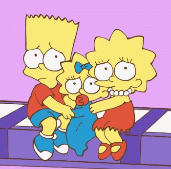 20th_century_fox animated animated_gif bare_legs bart_simpson blonde_hair bow chawako_(spchawanmushi) collar colored_skin dress hickey hug legs lisa_simpson maggie_simpson nervous scared shaking shirt shoes shorts siblings sitting spiked_hair the_simpsons yellow_skin