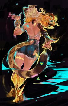 1girl animal_ears ass backless_outfit black_background black_nails blonde_hair bracelet commentary denim denim_shorts genshin_impact highres jewelry leopard_ears leopard_tail long_hair nightsoul_blessing_state ring shatukawa shorts tail untranslatable_commentary xilonen_(genshin_impact)